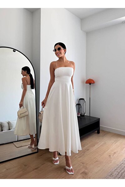 FLOWERİNG Women's White Rope Strap Flounce Maxi Dress