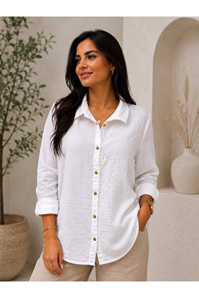 AGORATEKSTİL Women's Long Sleeve Muslin Fabric Shirt 42-50