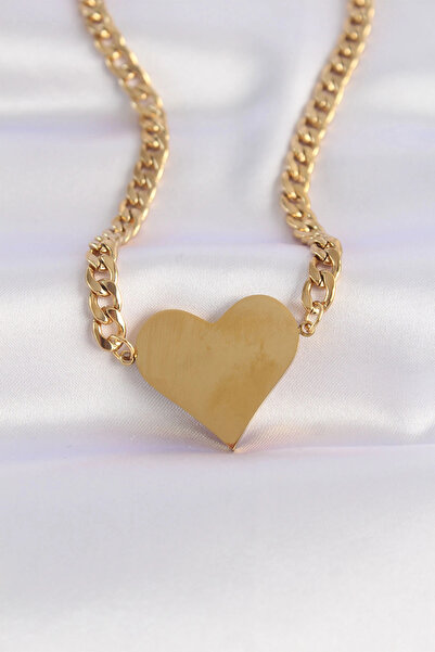 ARMÜZ 316L Steel Chain Gold Color Flat Plate Heart Necklace