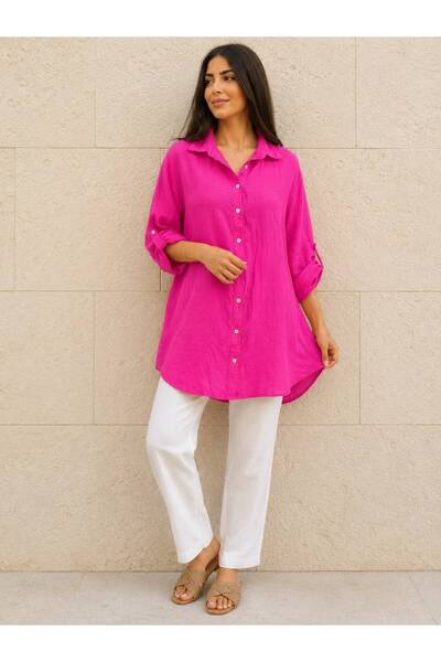 AGORATEKSTİL Women's Italian Three-Quarter Sleeve Lace Back Cotton Shirt 44-48