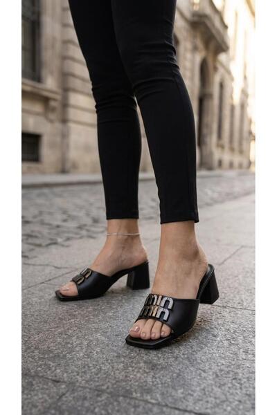 PUNTO 467060 Black Buckle Square Heeled Slippers