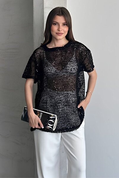 Shopping Shop Sequin Mesh Blouse Black