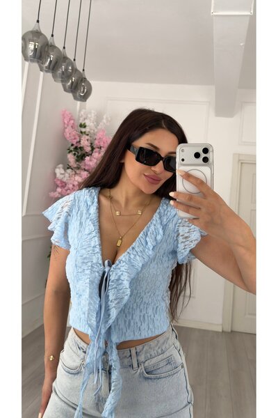 Daves Blue Ruffle Detailed Lace-Up V-Neck Lace Crop Blouse