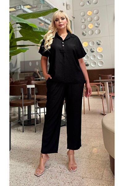 Butik Nilyam Γυναικείο Σετ Φόρμας Μεγάλου Μεγέθους με Γιακά, Κοντό Μανίκι, Χα...
