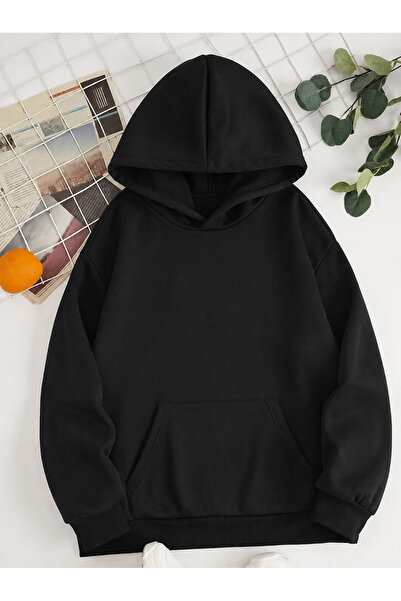 MOONBULL Kadın Sırtı Kanat Taş Baskılı 3 İplik Şardonlu Kumaş Kapüşonlu Oversize Sweatshirt