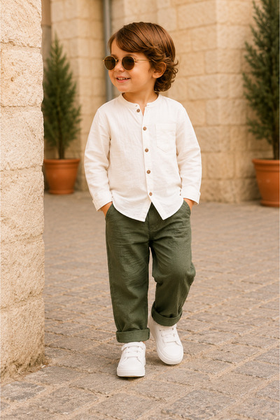 NOTA KİDS Muslin Kids Set - 100% Cotton Breathable Buttoned Beige Shirt and G...