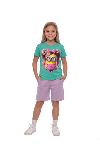 LİTTLE TORTOİSE Girls' Minions Printed Crew Neck T-Shirt - Shorts Set