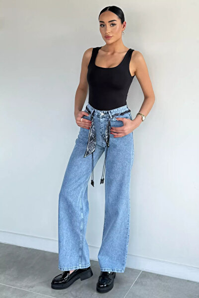 Aryena Blue Women's High Waist Palazzo Jean Trousers with Scarf Accessory