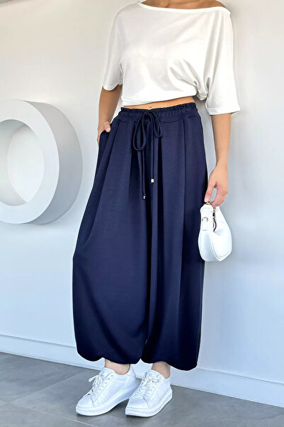 Aryena Navy Blue Women's Shalwar Model Trousers with Elastic Waist