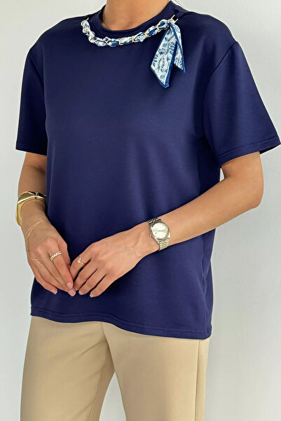 Aryena Navy Blue Gülseli Women's T-Shirt with Scarf Collar