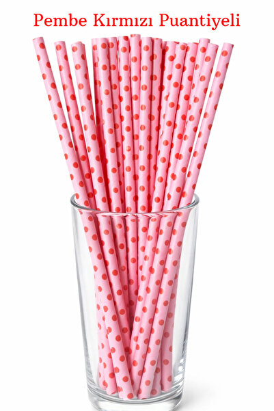 parti pera Pembe Kırmızı Puantiyeli Kağıt Pipet 25 Adet