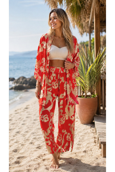 forte bella Colorful Ethnic Pattern Top-Bottom Trend Hijab Kimono Set