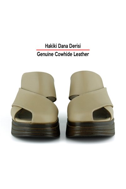 Erkan Saçmacı Gwen Mink Genuine Calfskin Asymmetrical Toe Cross-Strapped Thick Platform Heeled Slippers