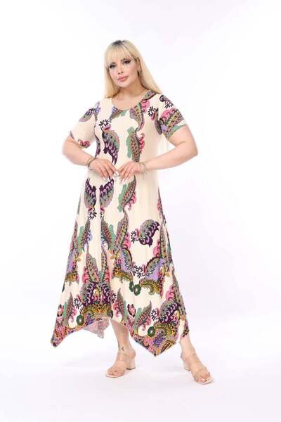kısmet sepeti Women's Plus Size Viscose Cream Color Patterned Stylish Dress