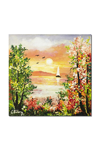 artnova Tablou apus de soare cu iola pictat manual, 35x35cm ulei pe panza, Co...