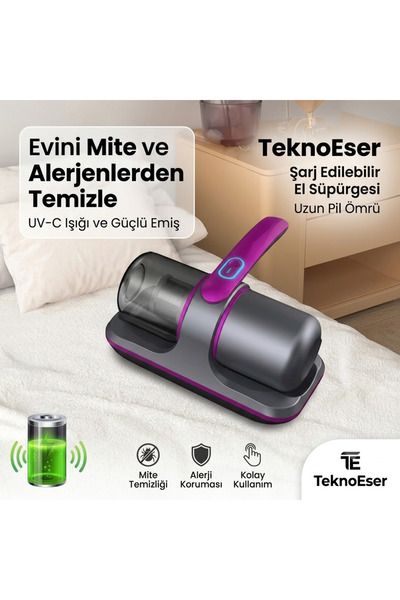 TeknoEser UV-C Akıllı Akar Temizleyici Kablosuz Şarjlı Halı Yorgan Ped Toz Te...