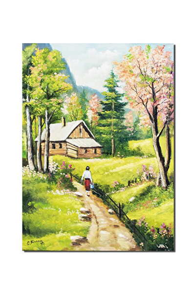 artnova Tablou peisaj de la munte pictat manual, Calmitate, 70x50cm ulei pe p...