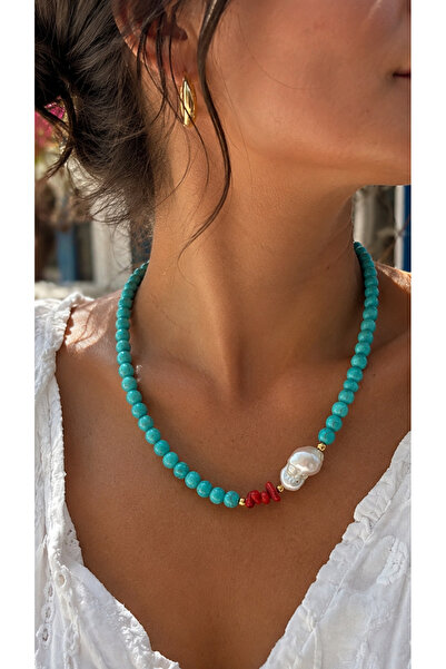 nevaastil takı & aksesuar Turquoise Natural Stone Real Baroque Pearl Branch C...