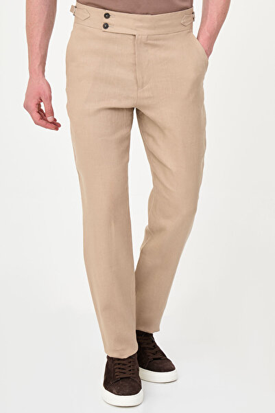 Mcr Straight Slim Fit Belt Buckle 100% Linen Men's Trousers Mink - 38352.26Y