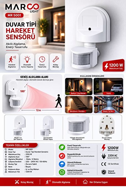 Marco Light MR5001 Duvar Tipi Hareket Sensörü 1200W PIR Hareket Algılayıcı İç...