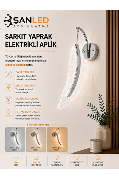 ŞANLED Decorative 12W Indoor Chrome Case 3 Color Light Modern Wall Sconce Ele...