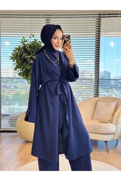ALANURMODA 3429 Belted Long Draped Three-Piece Suit Navy Blue