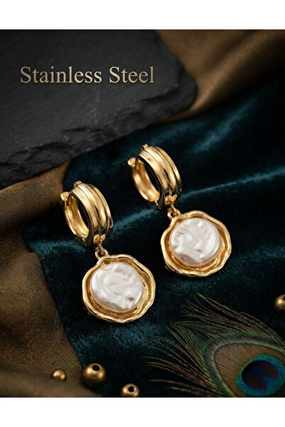 stainless steell أقراط من الفولاذ 316L باللون الذهبي مع تفاصيل من اللؤلؤ