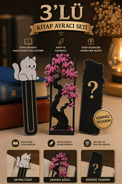 RKO 3'lü Kitap Ayracı Seti | 3D Tasarım Kitap Ayracı | Kedi, Sakura Ağacı Ve ...