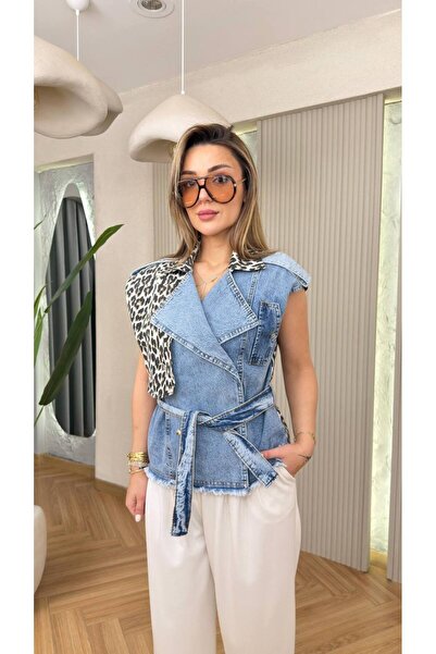 MATTİMODA Leopar Detaylı Denim Yelek