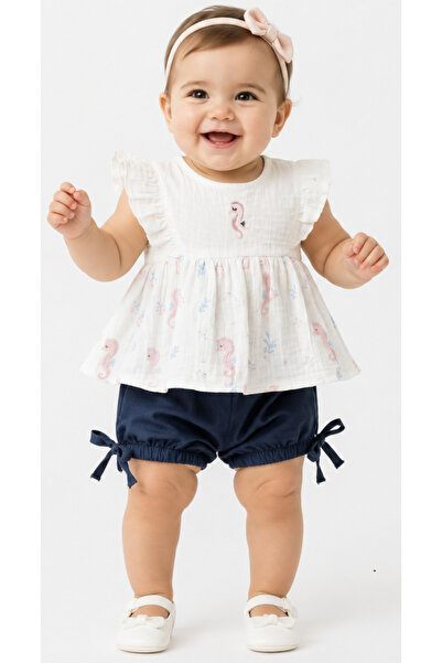 İrem Çocuk Giyim Baby Girl Ruffled Sleeves Seahorse Embroidered Button Back C...
