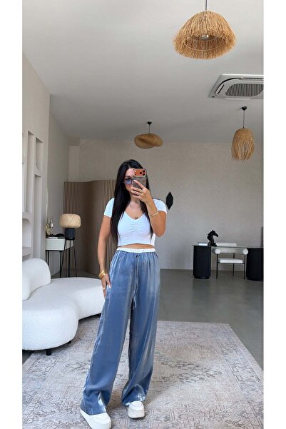 Buket Teke Blue Shiny Satin Trousers with White Detail at the Waist