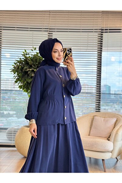 Afili 4301 Modal Suit with Side Elastic Gathered Skirt in Navy Blue