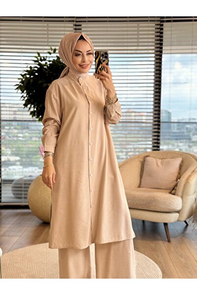 ALANURMODA 7553 Long Front Buttoned Suit Beige