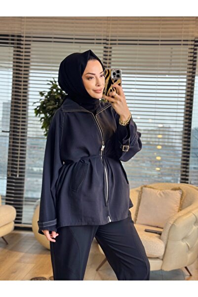 ALANURMODA 3238 Epaulet Detailed Zippered Jacket Black