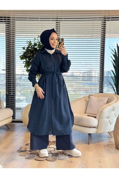 Merwishop Mrw1811 Long Linen Shirt Navy Blue