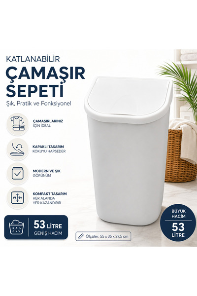 Turkco 53 Litre Büyük Boy Kapaklı Çamaşır Sepeti Dar Alan Uyumlu Banyo Kirli ...