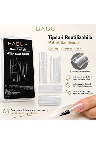 BABUF Tipsuri reutilizabile Pătrat Sandwich BABUF, gel/polygel, 240 buc., 15 mărimi