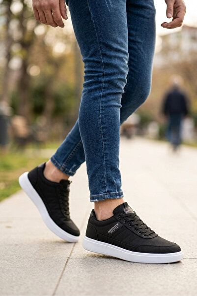 GT Ayakkabı 6 cm Height Increasing Hidden Heel Black Linen Men's Sports Shoes...