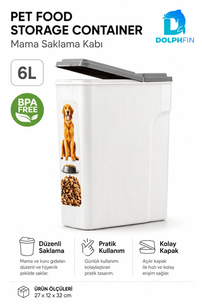 DolphFin 6 L Cat and Dog Food Storage Container with Lid, Bpa Free, Narrow Sh...