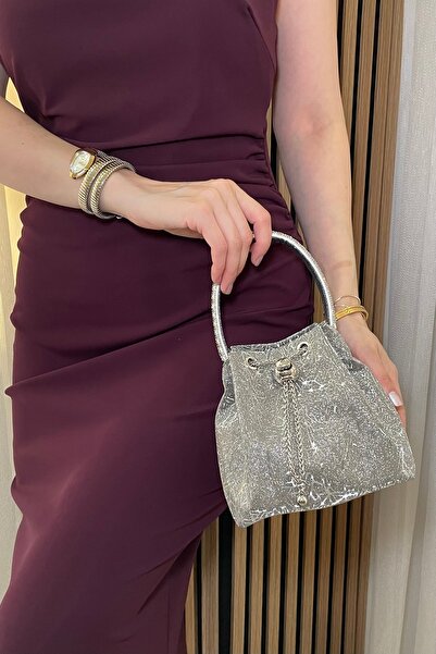 Fibag Women's Dark Gray, Stone-Embellished Handle Detailed, Glittery Evening ...