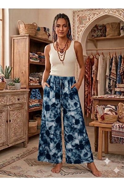 AYASOFYA OTANTIK Women's Multi-Colored Wide-Legged 100% Viscose Trousers with...