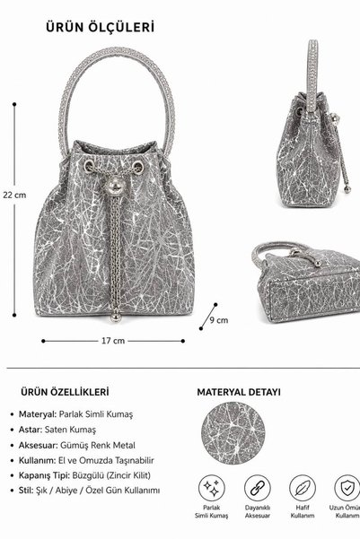 Fibag Women's Dark Gray, Stone-Embellished Handle Detailed, Glittery Evening Dress Bag - Chain Strap Hand and Shoulder Bag