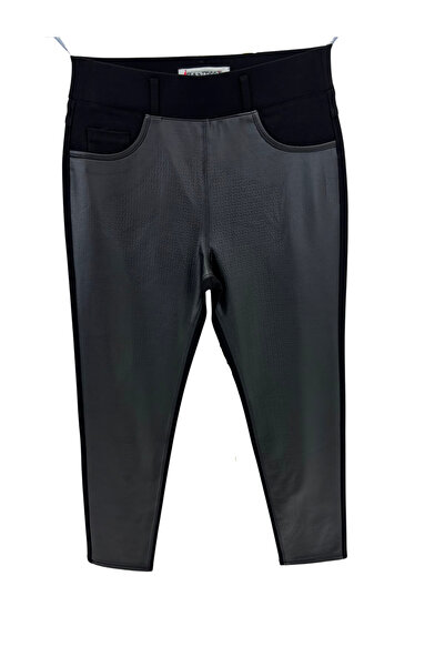 ZANESSI Plus Size Women's Knitted Trousers with Elastic Waist and Leather Detail