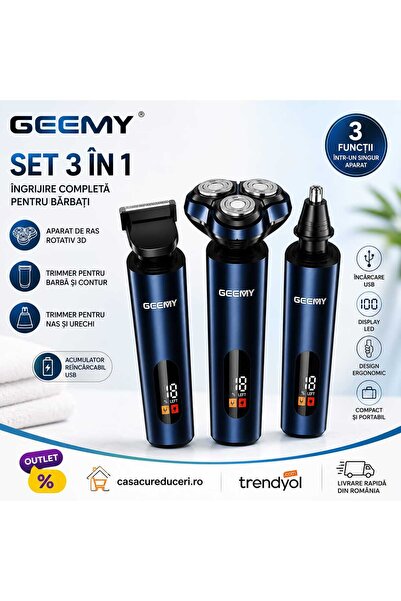 Geemy Aparat de Ras Electric și Trimmer 3 în 1 GM-8105, Display LED, Reîncărc...