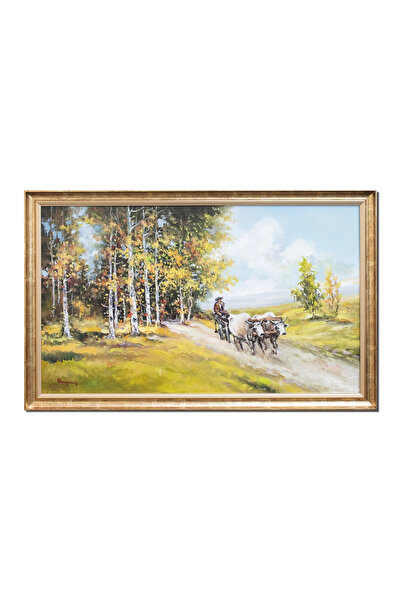 artnova Рисунка на волска каруца по пътеката близо до гората, ръчно рисувана,...