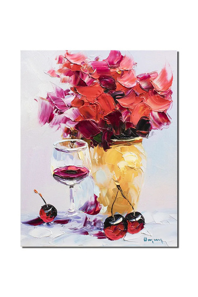 artnova Ръчно рисувана картина с цветя и чаша вино, Приканване, 50x40см, масл...