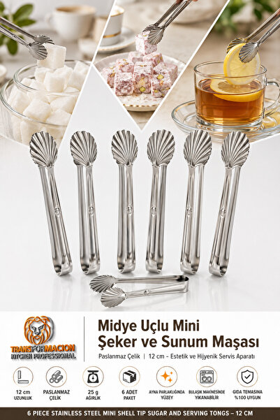 Transformacion Midye Uçlu Mini Şeker ve Sunum Maşası 12 cm -Paslanmaz Çelik 6...