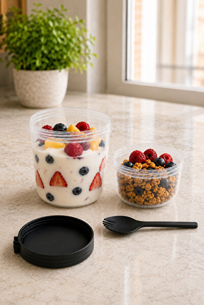 Sariva Home Double Layer Yogurt and Salad Container 900 ml (300+600 ml), Muesli and Granola Storage Container with Spoon and Fork, Leak-Proof, Bpa-Free