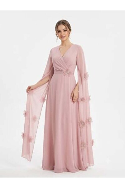 unbranded Women's Blush Pink Chiffon Maxi Evening Dress with Floral Appliqué ...
