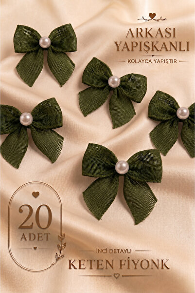 Ak Tuhafiye Adhesive Pearlized Linen Bow 20 Pieces Khaki -Gift Package-Weddin...